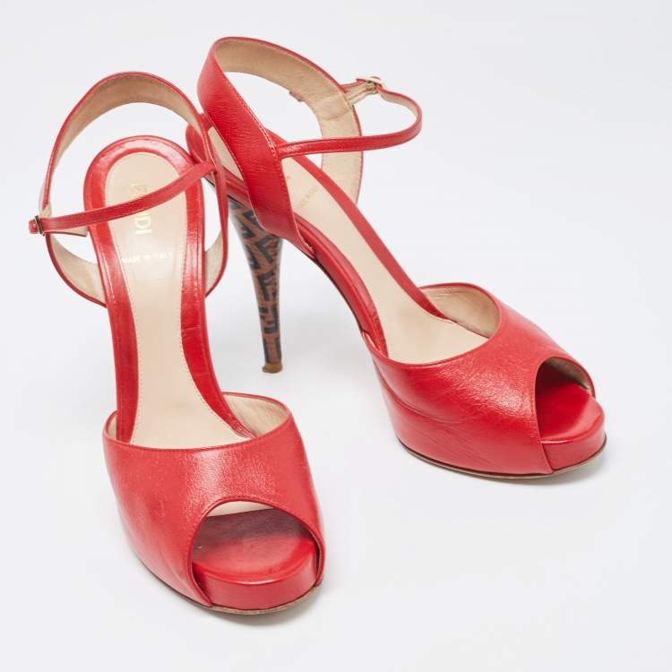 Pre Owned Fendi Red Leather  Open Toe Ankle Strap Sandals Size 39