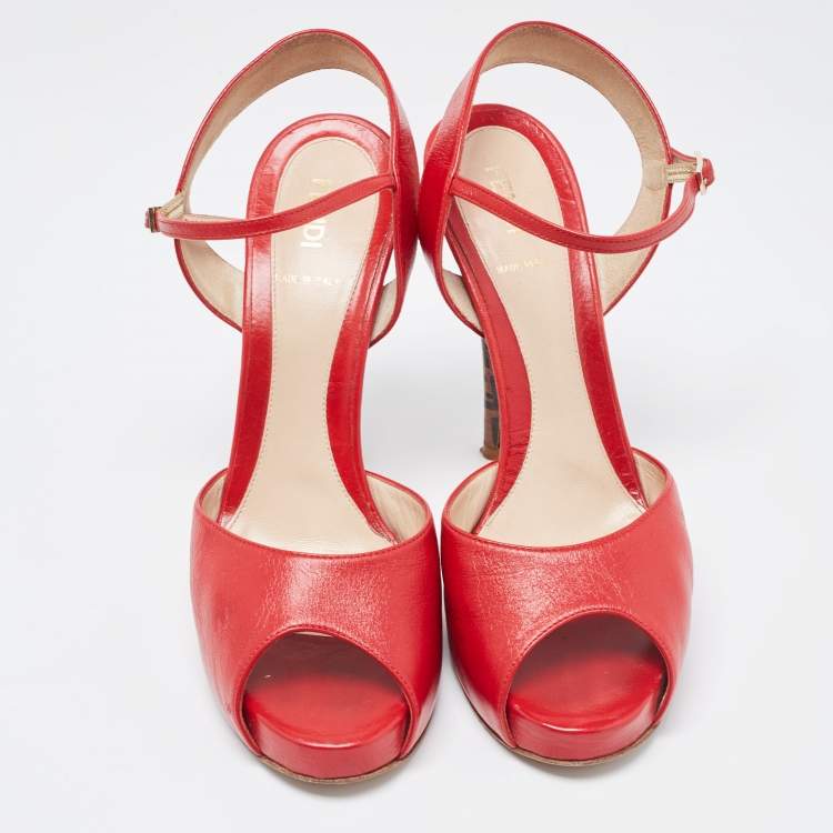 Pre Owned Fendi Red Leather  Open Toe Ankle Strap Sandals Size 39