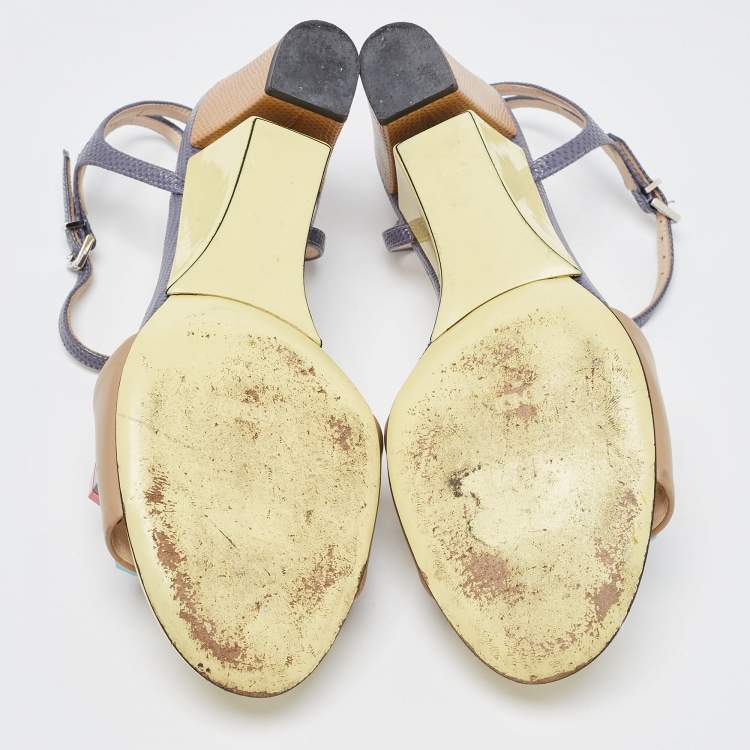 Pre Owned Fendi Beige/Grey Lizard Embossed And Leather Fantasia Studded Wedge Ankle Strap Sandals Size 37.5