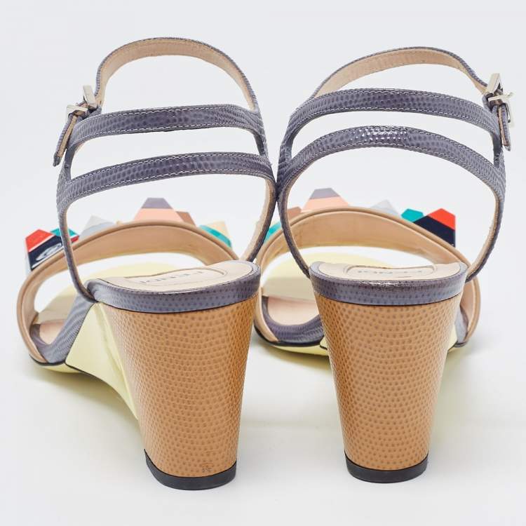 Pre Owned Fendi Beige/Grey Lizard Embossed And Leather Fantasia Studded Wedge Ankle Strap Sandals Size 37.5
