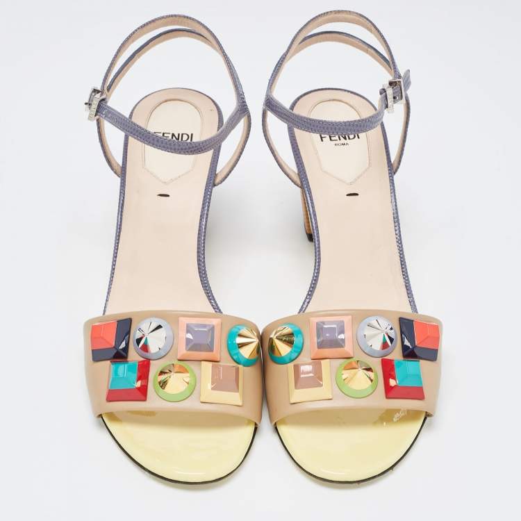 Pre Owned Fendi Beige/Grey Lizard Embossed And Leather Fantasia Studded Wedge Ankle Strap Sandals Size 37.5