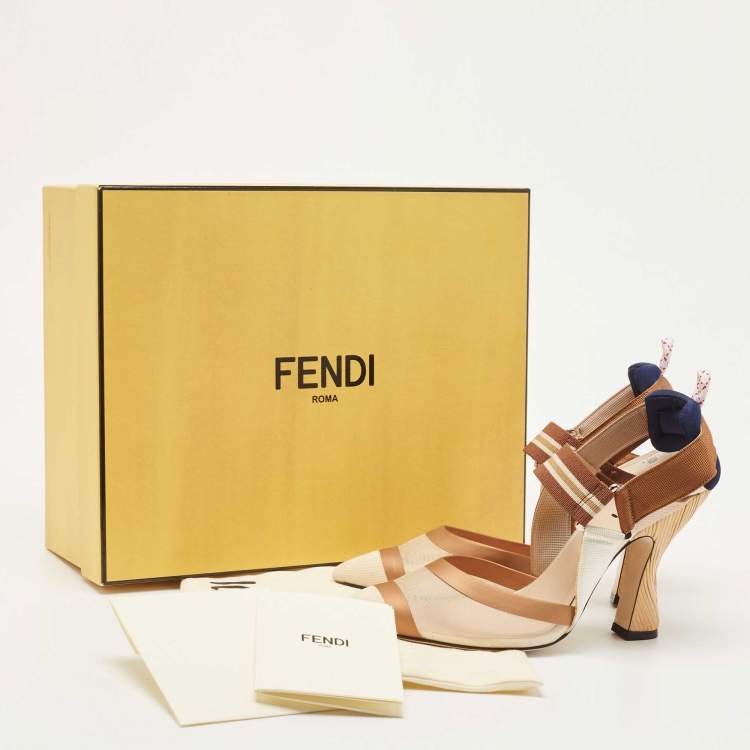 Pre Owned Fendi Brown/Beige Mesh and Leather Colibri Slingback Pumps Size 37.5