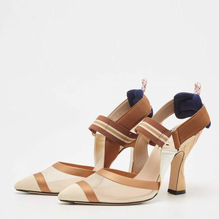 Pre Owned Fendi Brown/Beige Mesh and Leather Colibri Slingback Pumps Size 37.5