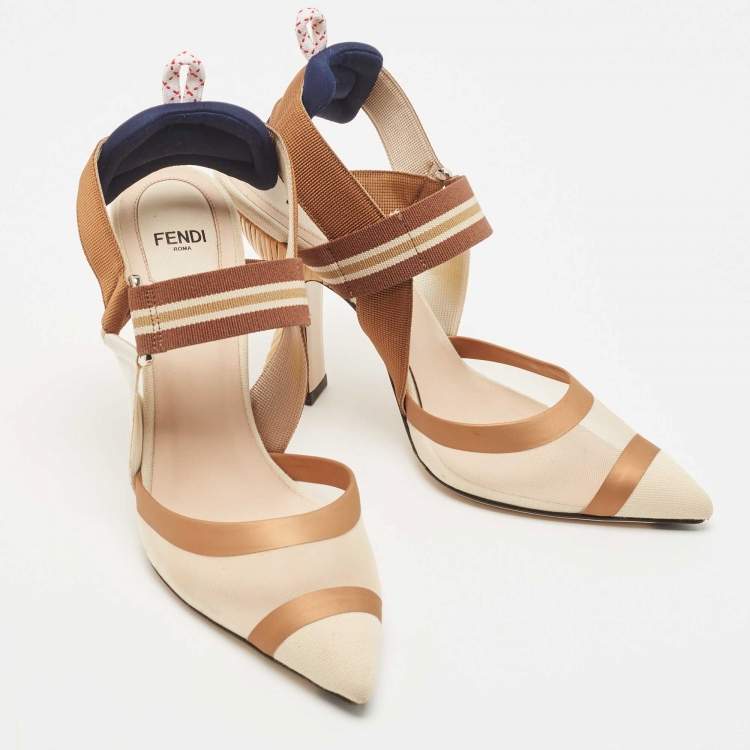 Pre Owned Fendi Brown/Beige Mesh and Leather Colibri Slingback Pumps Size 37.5