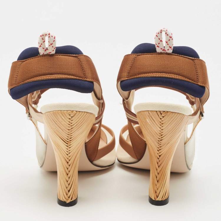 Pre Owned Fendi Brown/Beige Mesh and Leather Colibri Slingback Pumps Size 37.5
