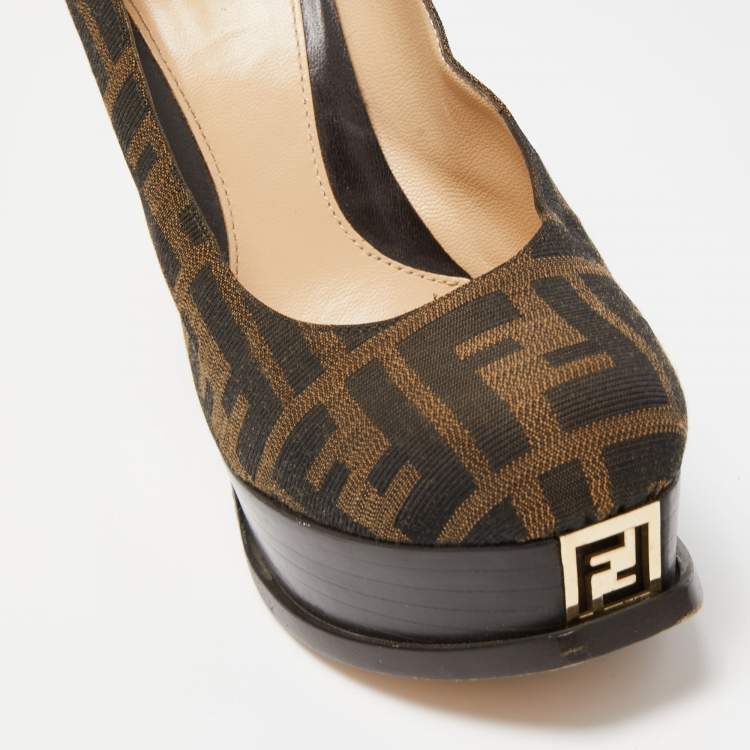 Pre Owned Fendi Brown Zucca Canvas Fendista Platform Pumps Size 38.5