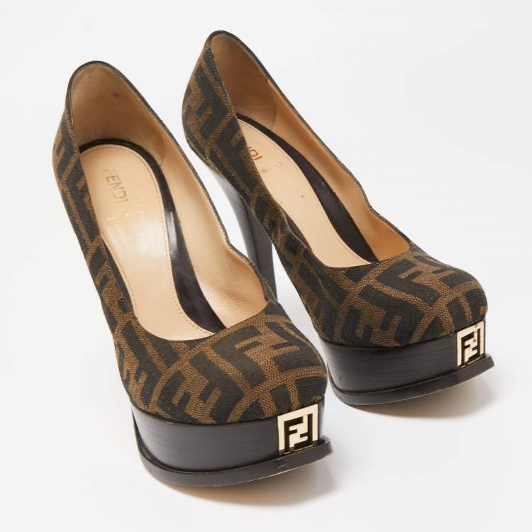 Pre Owned Fendi Brown Zucca Canvas Fendista Platform Pumps Size 38.5