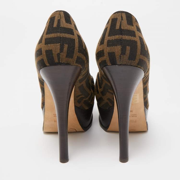 Pre Owned Fendi Brown Zucca Canvas Fendista Platform Pumps Size 38.5