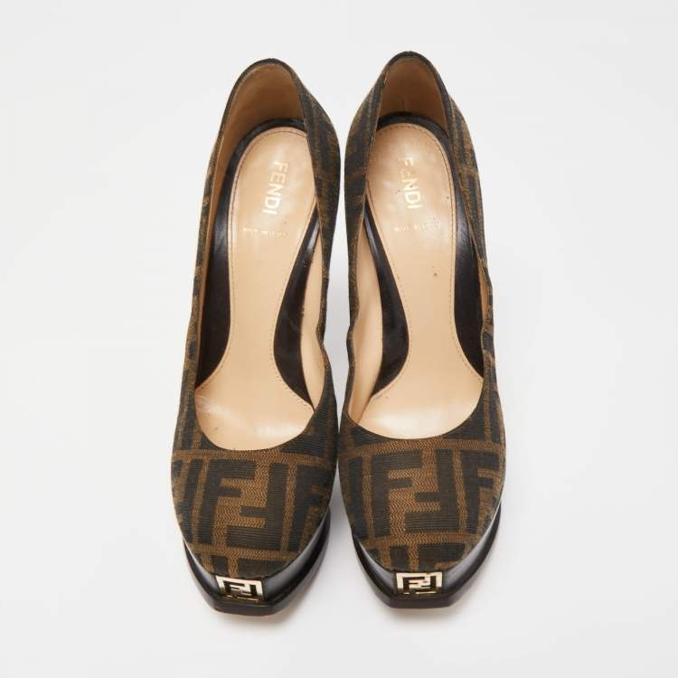 Pre Owned Fendi Brown Zucca Canvas Fendista Platform Pumps Size 38.5