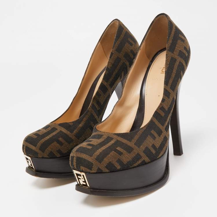 Pre Owned Fendi Brown Zucca Canvas Fendista Platform Pumps Size 38.5