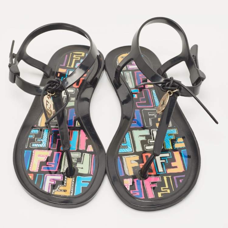 Pre Owned Fendi Black Jelly T-strap Slingback Flat Sandals Size 38