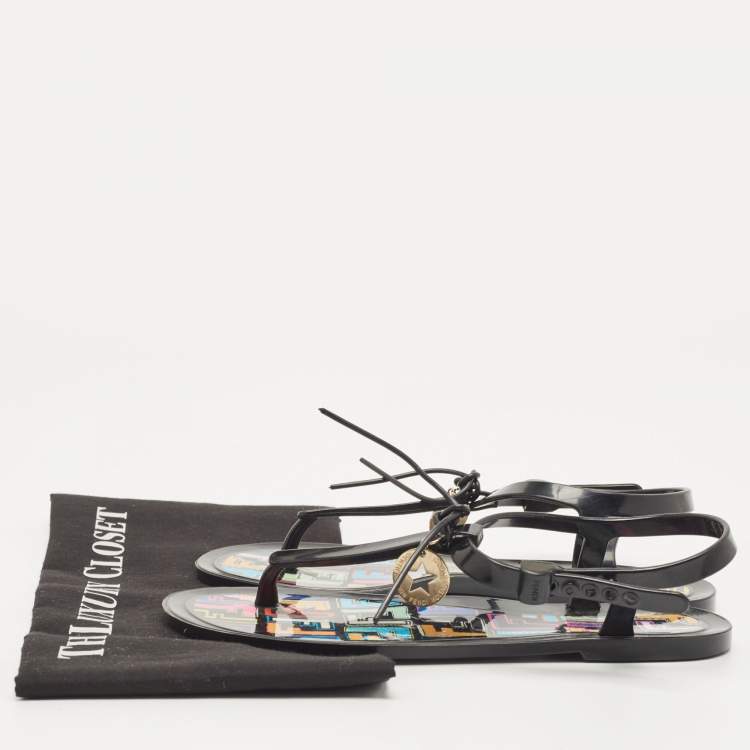Pre Owned Fendi Black Jelly T-strap Slingback Flat Sandals Size 38