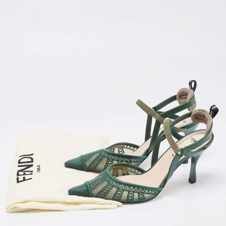 Pre Owned Fendi Green Leather and Mesh Colibri Lite Slingback Pumps Size 38.5