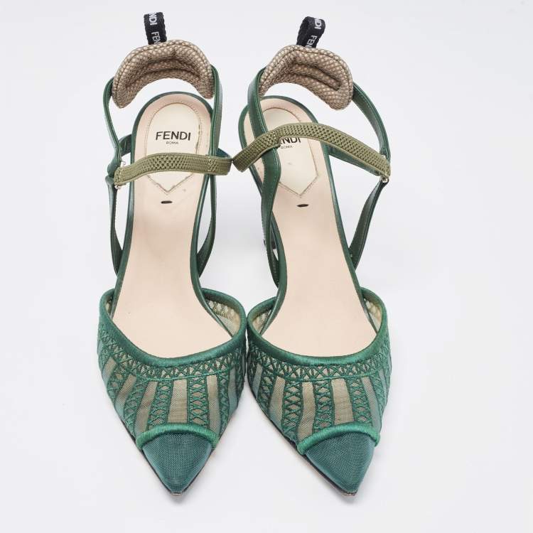 Pre Owned Fendi Green Leather and Mesh Colibri Lite Slingback Pumps Size 38.5