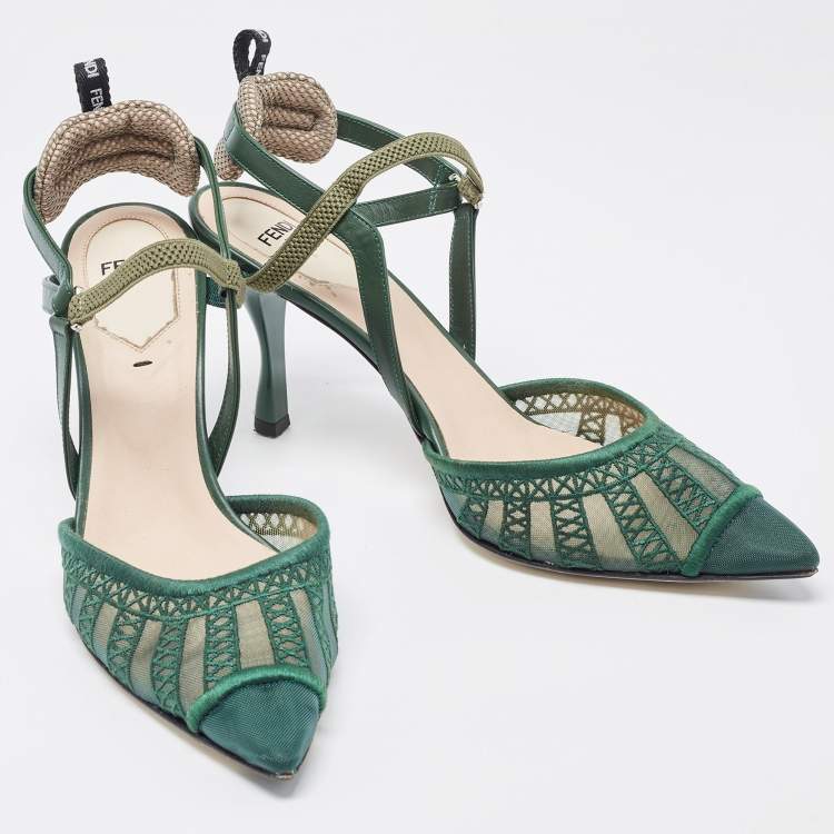 Pre Owned Fendi Green Leather and Mesh Colibri Lite Slingback Pumps Size 38.5