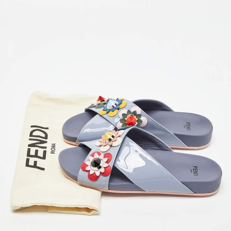 Pre Owned Fendi Blue Patent Leather Flowerland Criss Cross Flat Slides Size 35.5