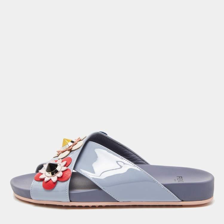 Pre Owned Fendi Blue Patent Leather Flowerland Criss Cross Flat Slides Size 35.5