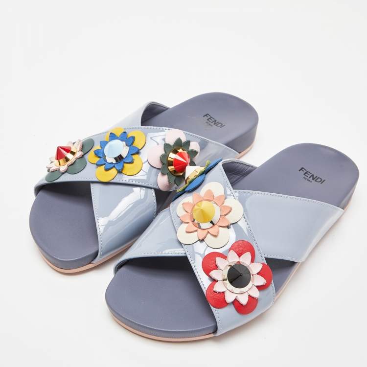 Pre Owned Fendi Blue Patent Leather Flowerland Criss Cross Flat Slides Size 35.5