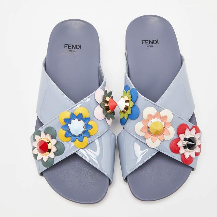 Pre Owned Fendi Blue Patent Leather Flowerland Criss Cross Flat Slides Size 35.5