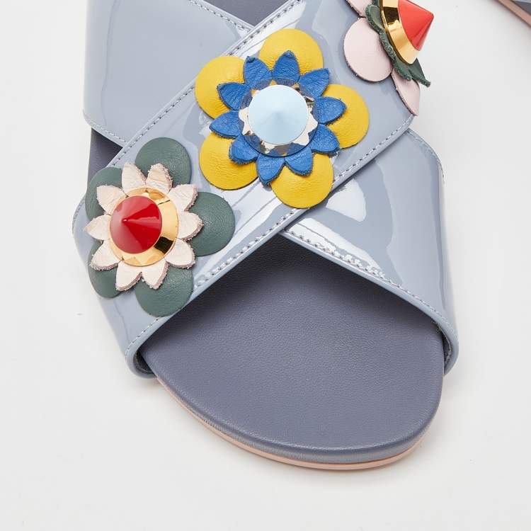 Pre Owned Fendi Blue Patent Leather Flowerland Criss Cross Flat Slides Size 35.5