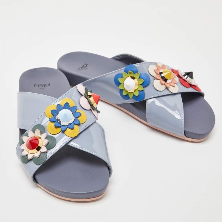 Pre Owned Fendi Blue Patent Leather Flowerland Criss Cross Flat Slides Size 35.5