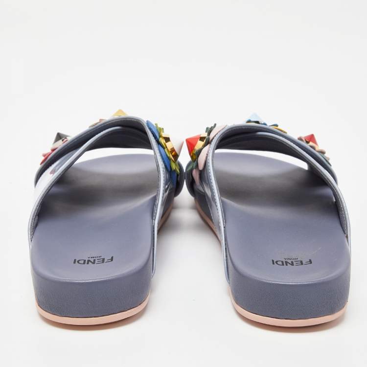 Pre Owned Fendi Blue Patent Leather Flowerland Criss Cross Flat Slides Size 35.5