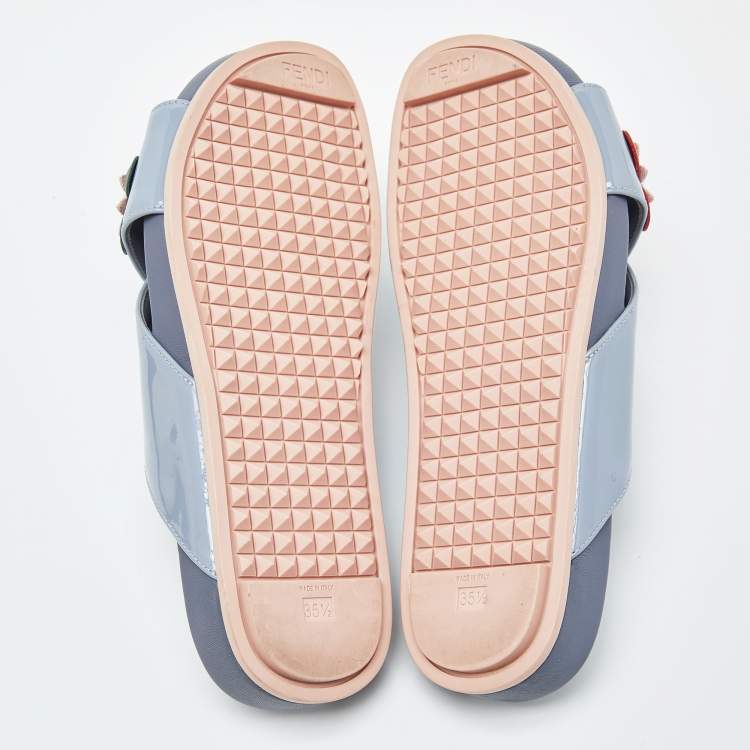 Pre Owned Fendi Blue Patent Leather Flowerland Criss Cross Flat Slides Size 35.5