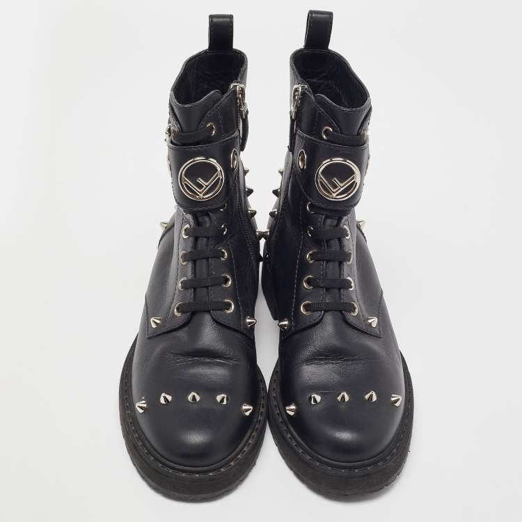 Pre Owned Fendi Black Leather Studded Ankle Boots Size 36