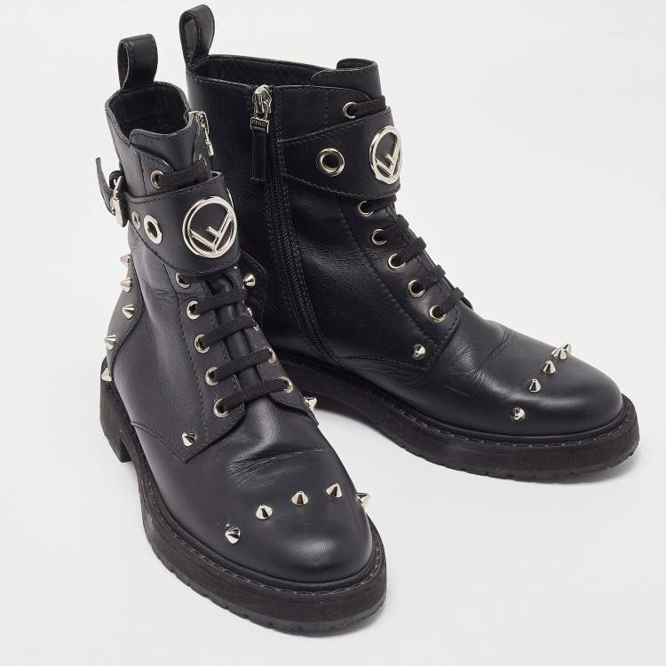 Pre Owned Fendi Black Leather Studded Ankle Boots Size 36