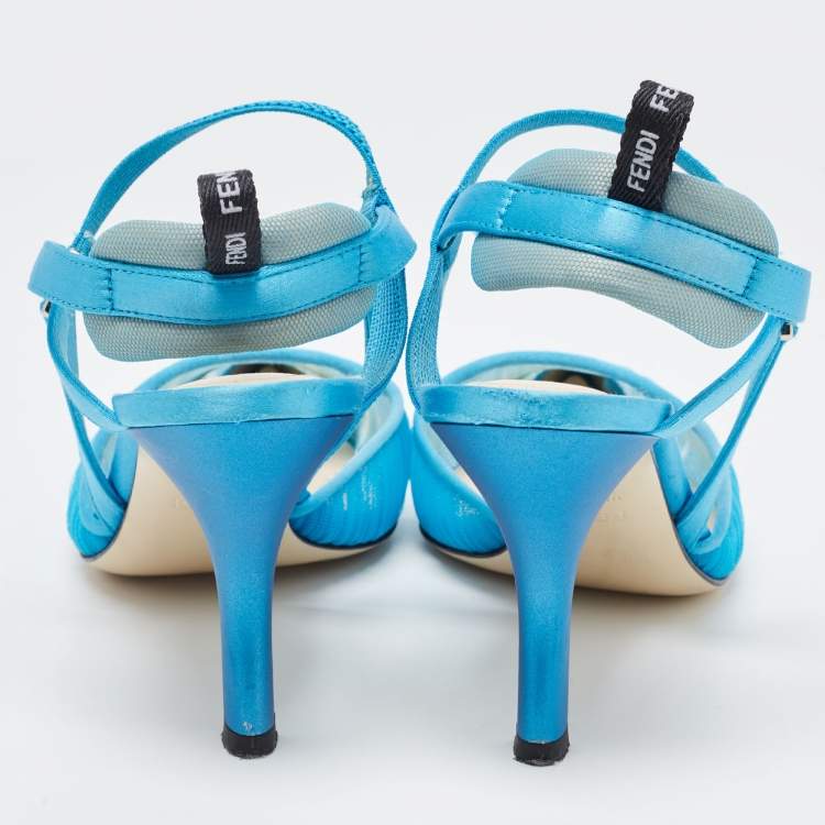 Pre Owned Fendi Blue Tulle And Satin Colibri Lite Slingback Pumps Size 37.5