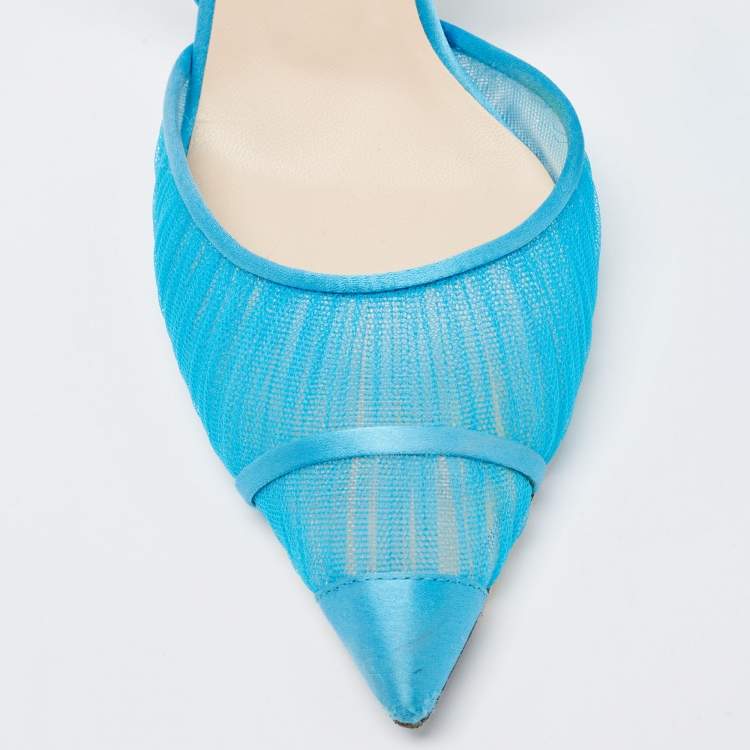 Pre Owned Fendi Blue Tulle And Satin Colibri Lite Slingback Pumps Size 37.5