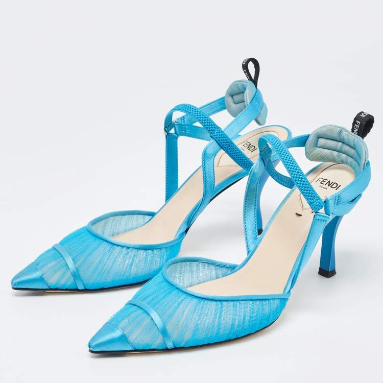 Pre Owned Fendi Blue Tulle And Satin Colibri Lite Slingback Pumps Size 37.5