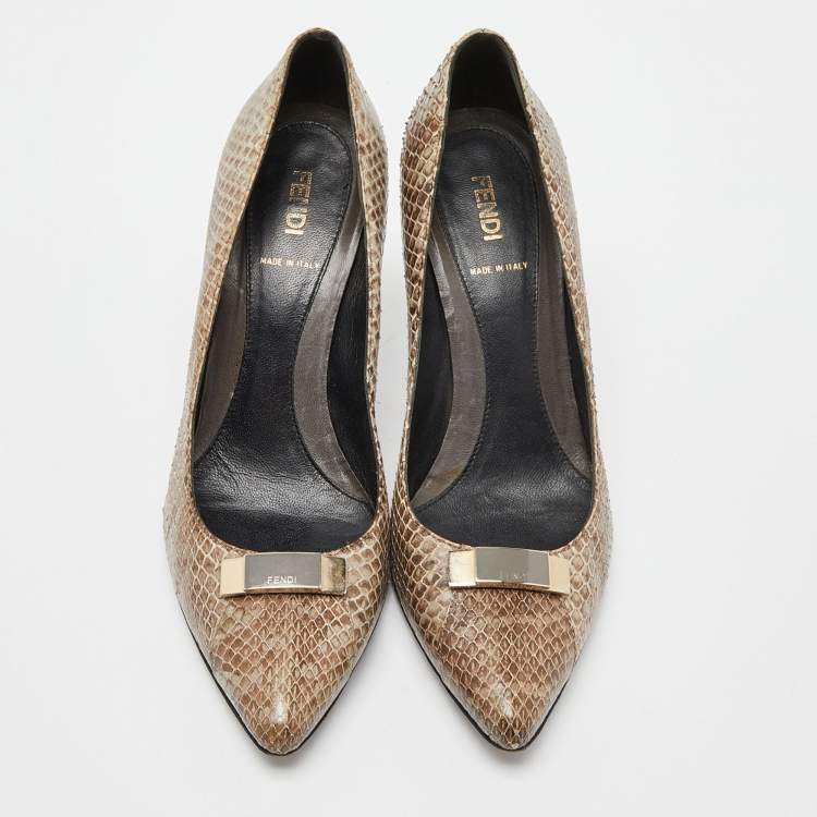Pre Owned Fendi Beige/Brown Watersnake Leather Pointed Toe Pumps Size 39.5