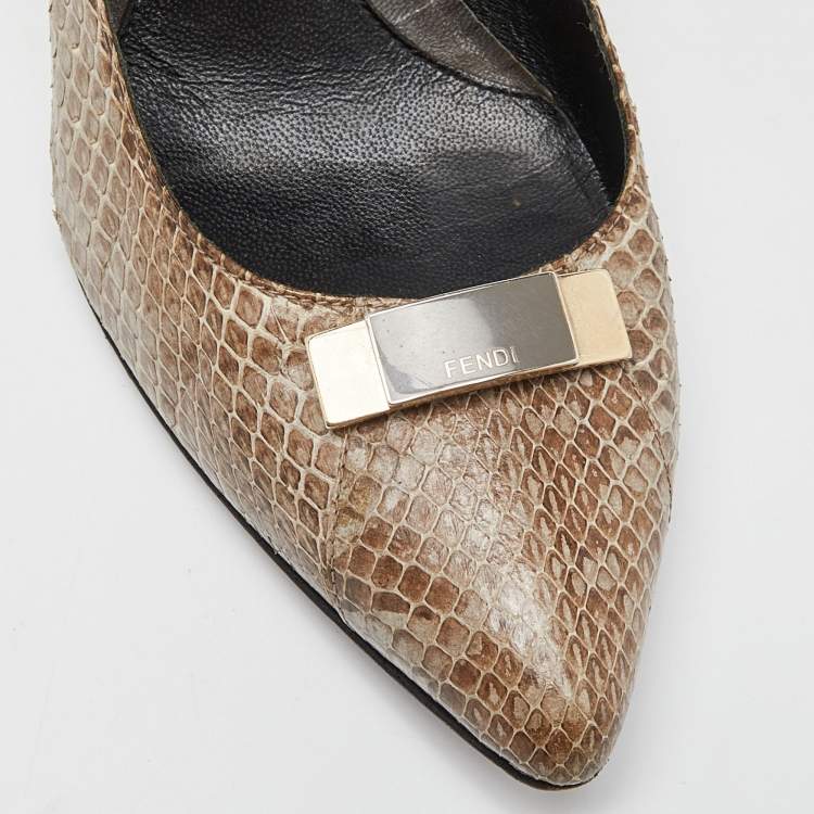 Pre Owned Fendi Beige/Brown Watersnake Leather Pointed Toe Pumps Size 39.5