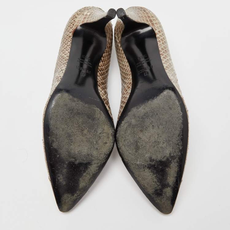 Pre Owned Fendi Beige/Brown Watersnake Leather Pointed Toe Pumps Size 39.5