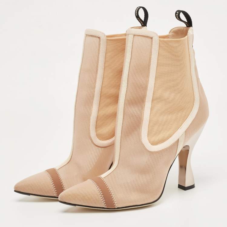 مملوكة مسبقًا Fendi  Beige Mesh Rockoko Ankle Boots Size 38