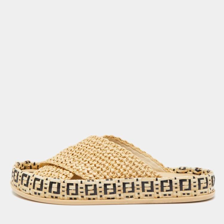 Pre Owned Fendi Cream Raffia Criscross Flat Slides Size 36