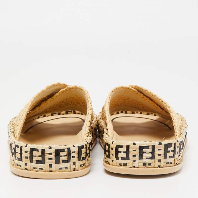 Pre Owned Fendi Cream Raffia Criscross Flat Slides Size 36