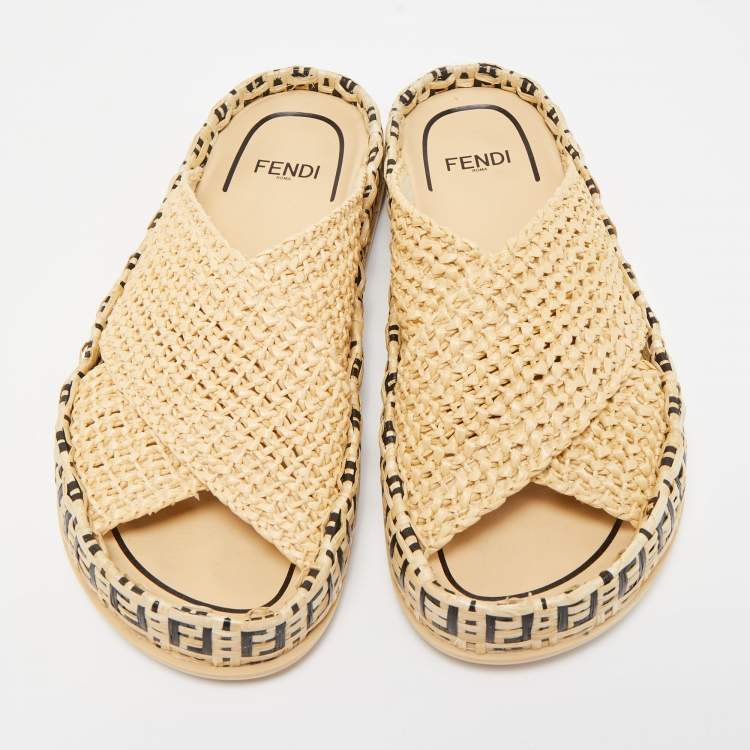 Pre Owned Fendi Cream Raffia Criscross Flat Slides Size 36