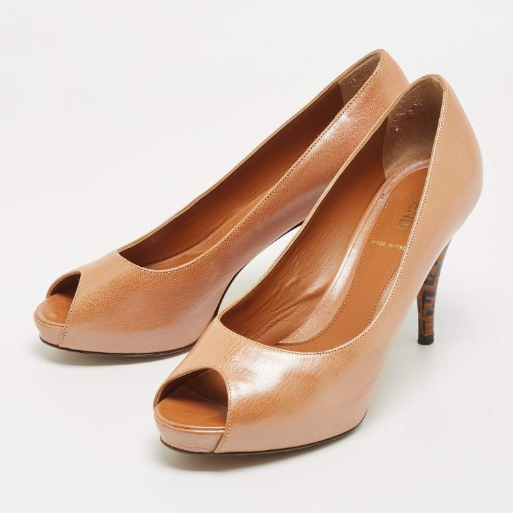 Pre Owned Fendi Brown Leather Platform Peep Toe Pumps Size 37.5