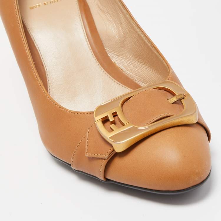 Pre Owned Fendi Brown Leather Buckle Pumps Size 39