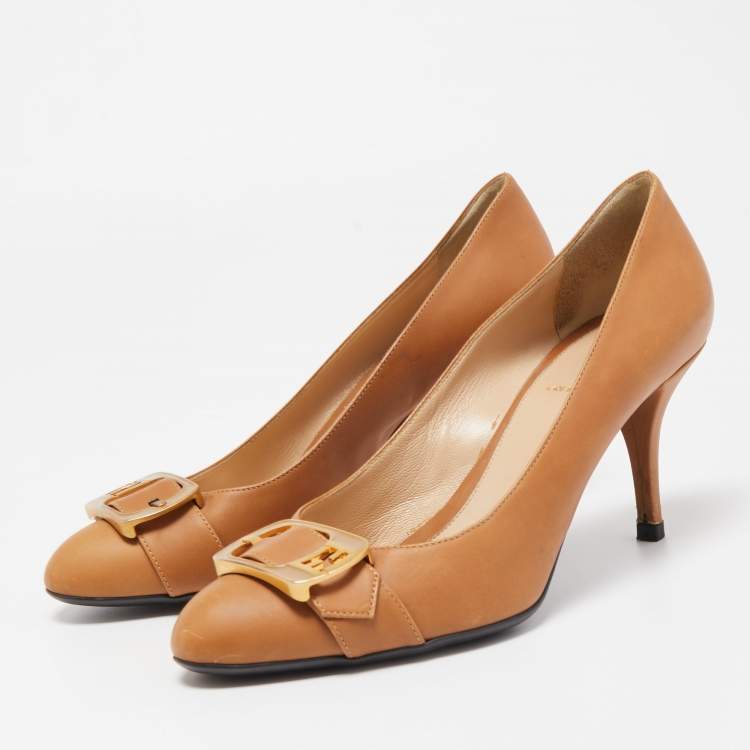 Pre Owned Fendi Brown Leather Buckle Pumps Size 39