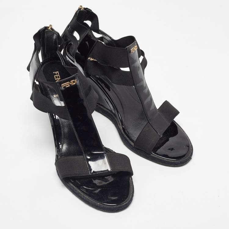 Pre Owned Fendi Black Patent Leather and Elastic T-Strap Wedge Sandals Size 38.5