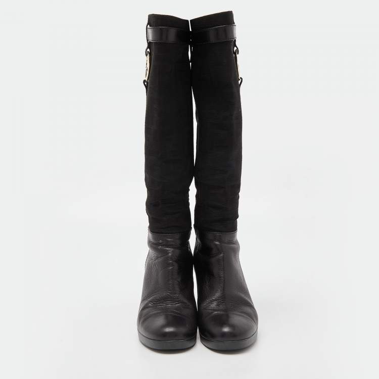 Pre Owned Fendi Black Leather and Zucca Fabric Calf Length Wedge Boots Size 37