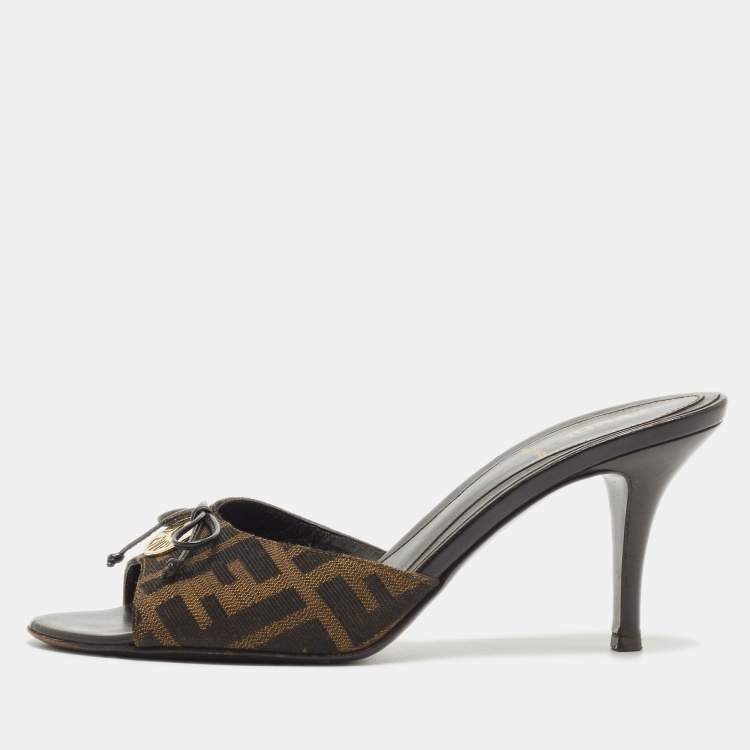 Pre Owned Fendi Brown Zucca Canvas and Leather Bow Slides Size 36