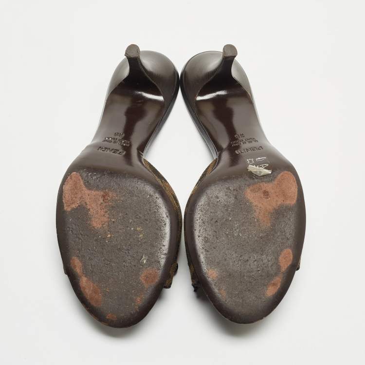Pre Owned Fendi Brown Zucca Canvas and Leather Bow Slides Size 36
