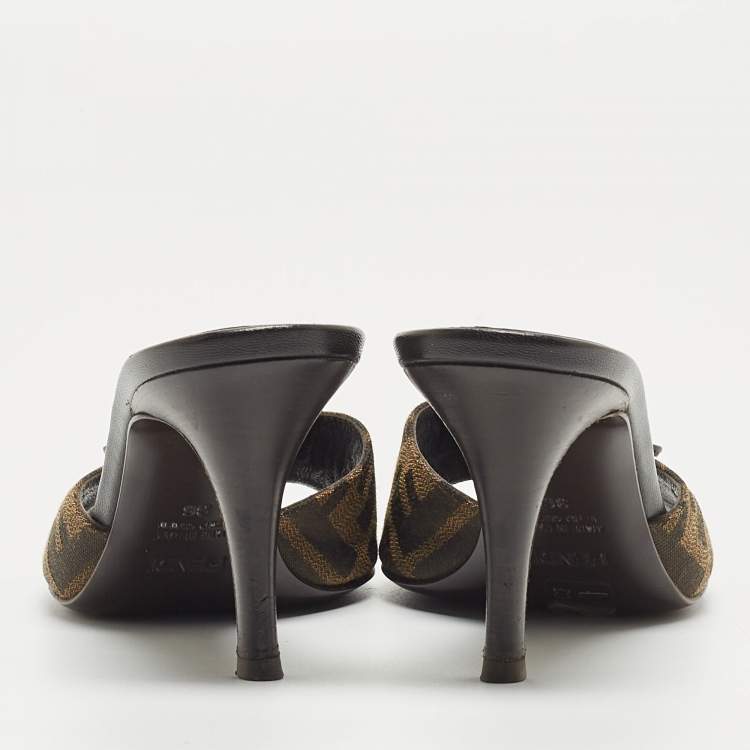 Pre Owned Fendi Brown Zucca Canvas and Leather Bow Slides Size 36