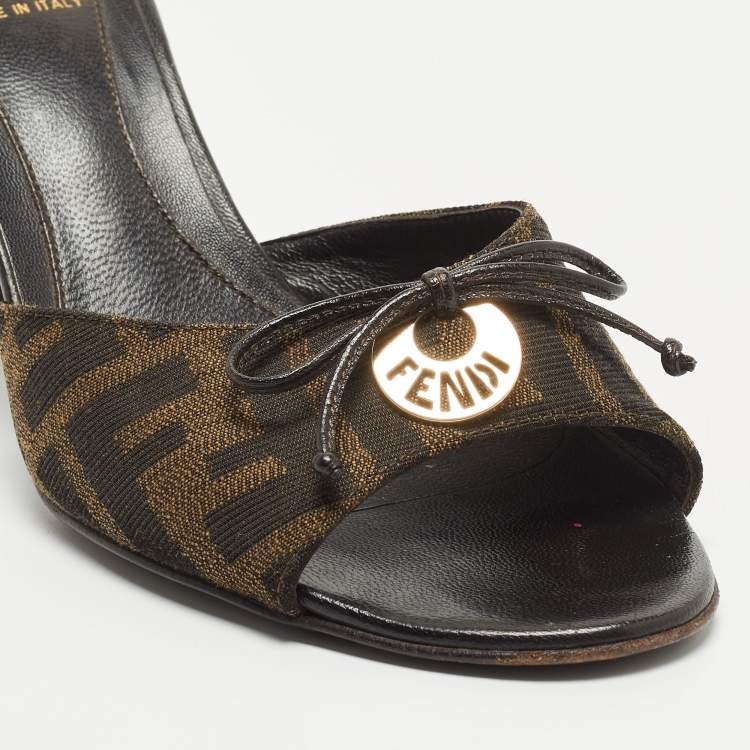 Pre Owned Fendi Brown Zucca Canvas and Leather Bow Slides Size 36