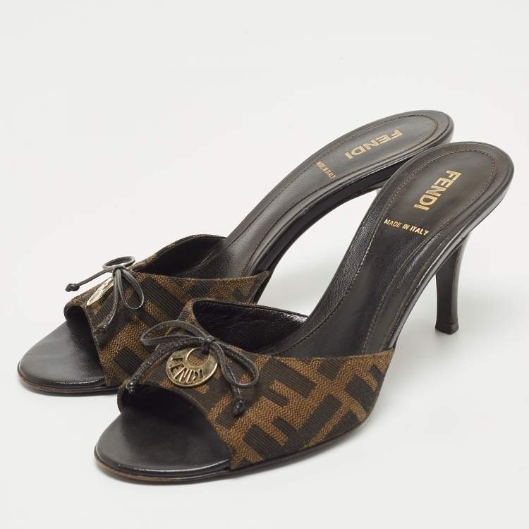 Pre Owned Fendi Brown Zucca Canvas and Leather Bow Slides Size 36