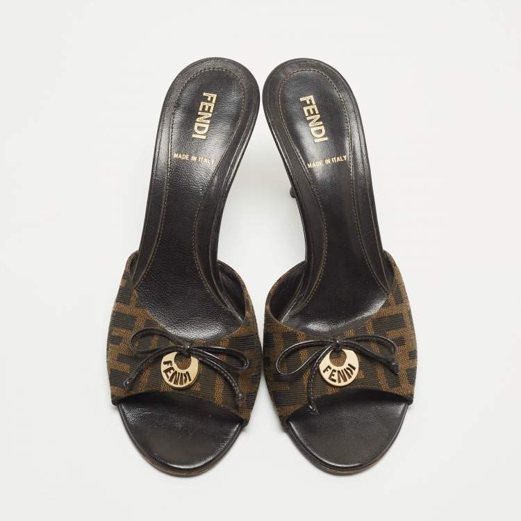 Pre Owned Fendi Brown Zucca Canvas and Leather Bow Slides Size 36